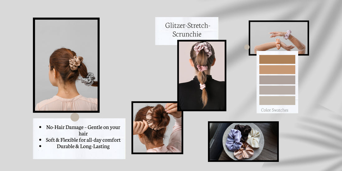 Jeansblau Baumwoll-Scrunchie | Handgemachter Haargummi mit Blumen & Schmetterlingen